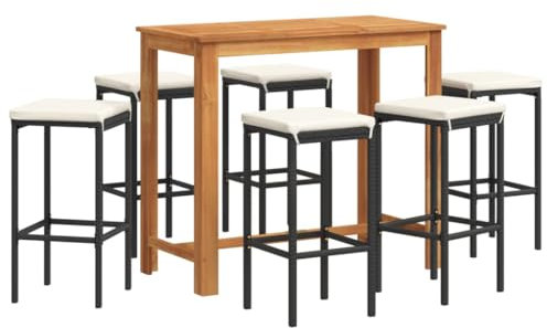vidaXL Mesa y taburetes de jardín 7 pzas Madera Acacia ratán PE Negro, Mesa y taburetes Altos de jardín, Set de Bar de Exterior, Muebles de Bar de Exterior