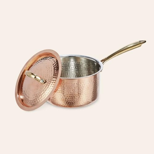 Copper Studio Signature Casserole en cuivre martelé à la main, doublure en étain non réactif, double poignées rivetées en bronze coulé, passe au four, sans PFAS, passe au gril jusqu'à 218 °C
