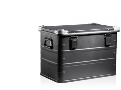 GUARDIQUE AluVault 073L – Alubox mit Deckel, Aluminium Aufbewahrungsbox, Alukiste, Spritzwassergeschützt, Staubdicht, Stapelbar - Transportbox mit Federgriffen für Werkzeug und Ausrüstung, Schwarz