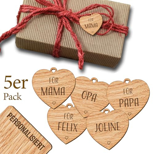 5 Stk personalisierte Geschenkanhänger aus Holz mit Gravur - edle Tags aus Echtholz für Geschenke Weihnachten-Geburtstag - Anhänger mit Name - HERZ