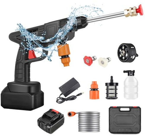 Idropulitrice a Batteria, Max 90 Bar Idropulitrice Portatile con Ugello Multispruzzo 6 in 1, Tubo da 5M, Lancia di Prolunga, Strumento per La Pulizia Dell'auto da Esterno