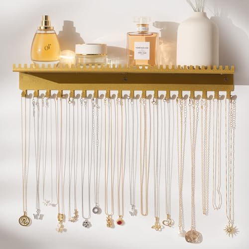Josmimic Necklace Holder Wall Hanging Organizer: Wall Mounted Jewelry Shelf with 56 Hooks and Tray, Display Hanger for Kids, Girls and Women, Gold & Metal