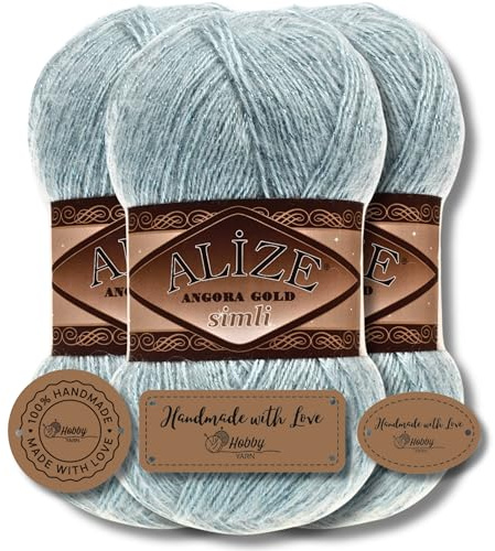 Hobby YARN 3x Etikettenlabel mit Alize Angora Gold Simli Glitzer Wolle Premium 3x100g als Set, Yarn, Garn, Schurwolle, Uni, Strickgarn zum Häkeln, Stricken, Kleidung (114)