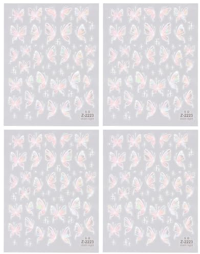 4 Feuilles 5D Autocollants pour Ongles en Forme de Papillon, Rose Brillant Relief Décoration Sticker, Nail Art pour DIY Accessoires Motif Butterfly Aurore Design pour Femmes et Filles