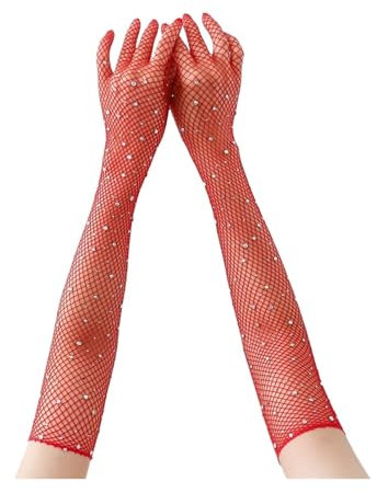 Guante Corto De Encaje 2 pares de guantes de malla brillantes con diamantes a la moda, guantes sexis de rejilla, guantes con diamantes de Color Para Bodas, Fiestas De Té, Fiestas De Noche(Red)