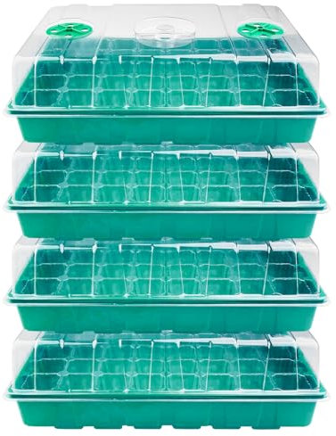 Dogrundi 4 Stück 40 Zellen Mini Gewächshaus Anzucht Set, Zimmergewächshaus Anzuchtkasten, Anzuchtschalen, Anzuchtset, Anzuchtschale, Anzuchtplatte mit Deckel und Belüftung, für Sämling Pflanze,Grün