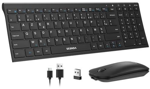 seenda WGJP-031B Combo Clavier et Souris sans Fil Rechargeable, Silencieux, Ultra-Fin, AZERTY Français, 2,4 GHz Récepteur USB, avec pavé numérique, pour Windows, PC, Ordinateur Portable, Noir