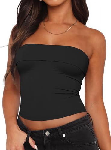 Tankaneo Womens Strapless Tube Tops Cropped Y2K Going Out Fitted Tank Tops Summer Trendy Layered Bandeau Shirts Black