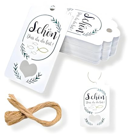 50 Stück Danke Anhänger Weiß Eukalyptus, Geschenkanhänger mit SCHÖN DASS DU DA BIST, Hochzeit Dankeschön Geschenkanhänger mit 20m Jute Schnur, Etiketten Anhänger für Geschenk kommunion (weiß)