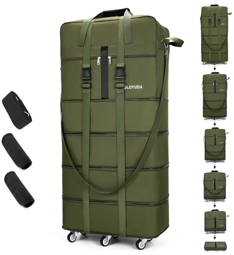Gloyuda Faltbare Reisetasche mit Rollen, 108cm Reisetasche Groß, Grün Reisetaschen Faltbar, Kleidersack, Faltbare Handgepäck Tasche, Travel Bag mit Zwei Gepäckgriffhüllen und EIN Schultergurt