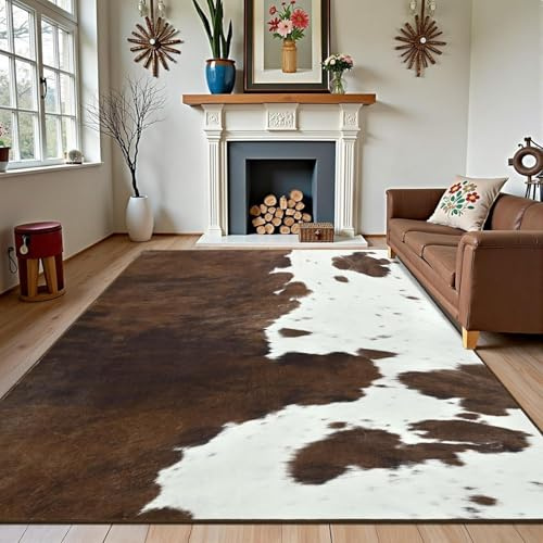 Houient Premium Faux Cowhide Accent Rug, 180x230cm, Vintage Brown Western Home Decor Animal Cow Print Throw Area Rugs, Lightweight Reduce Noise Large Carpet for Living Room Farmhouse