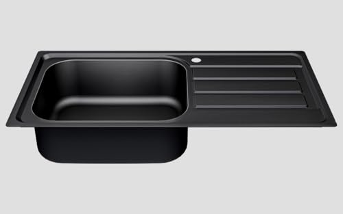 Omeere, Kitchen Sink, 100 L x 50 B, 304 Stainless Steel, Material Thickness 0.8 mm, XXL Basin, 50 x 40 cm, Sink, Built-in Sink, Square 1 Basin, Draining Board (Draining Board Right Black)