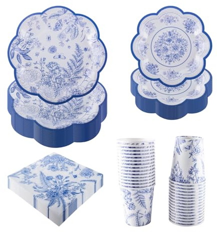PHUNAT Vintage Party Tableware Set for 30 Guests - Blue & White Scalloped Paper Plates, Napkins & Cups - Elegant Tableware for Afternoon Tea, Birthdays, Bridal Showers & Garden Parties