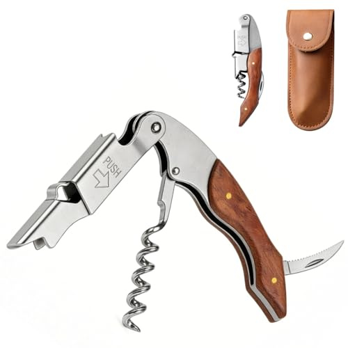 Satiskid Tire-bouchon professionnel en acier inoxydable avec étui en cuir, 3 en 1 en acier inoxydable avec coupe-capsule et décapsuleur, couteau de sommelier en bois tout-en-un pour sommelier et