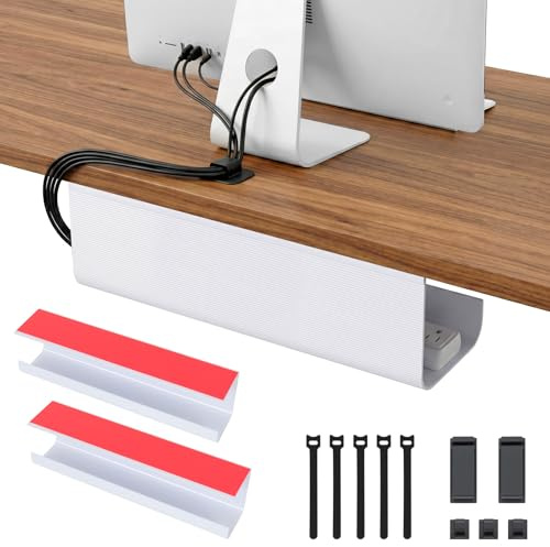 iXTRA Under Desk Cable Management Tray 2 Pack PVC Cable Organizer Box No Drill Self-Adhesive Wire Management Cable Tidy for Desk Cord Organizer for Office & Home WHite