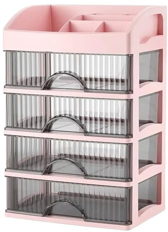 OREZMY Cosmetic Storage Box Desktop Transparent Drawer Finishing Dressing Table Multi-Functional partition Rack(Pink and ash)