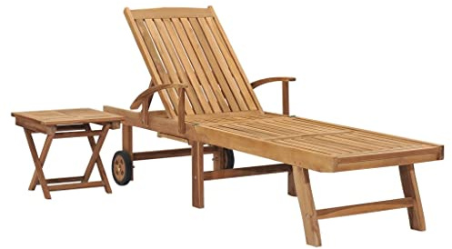 Mandloder Sonnenliege Teak Massivholz verstellbar, mit Beistelltisch & Ablage, Garten Liegestuhl, Terrassen-Liegen Chaiselongue, Strandliege, wetterfest, 195x59,5cm geschliffen Outdoor