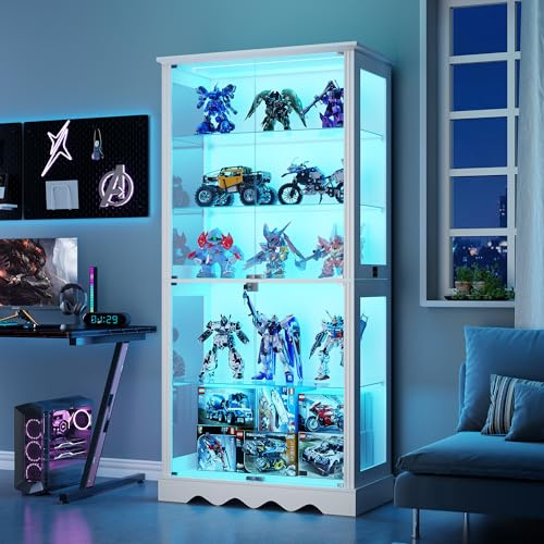 71 Display Cabinets with LED lights for Collectiblesbb,books,toys,white | 5-Tier Curio & Bookcase Storage Cabinet with Glass Doors & Human Sensor for Living Room,Bedroom