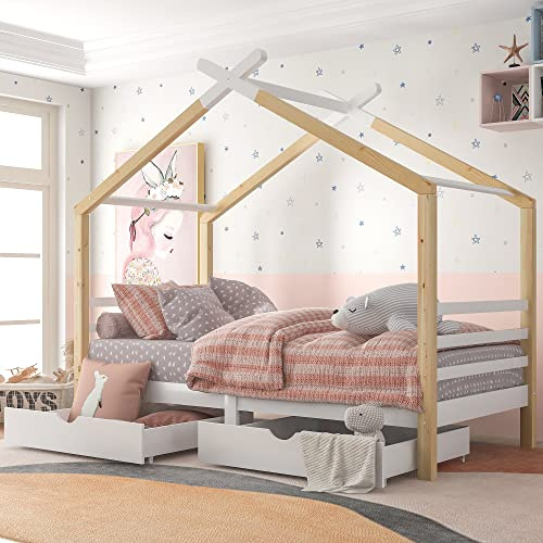 Mrwoo 3ft Single Bed with 2 Drawers, Children Wood House Bed Frame with Canopy and Guardrail, Solid Pine Wood Treehouse Style, 90cmx190cm, Natural, (No Mattress)