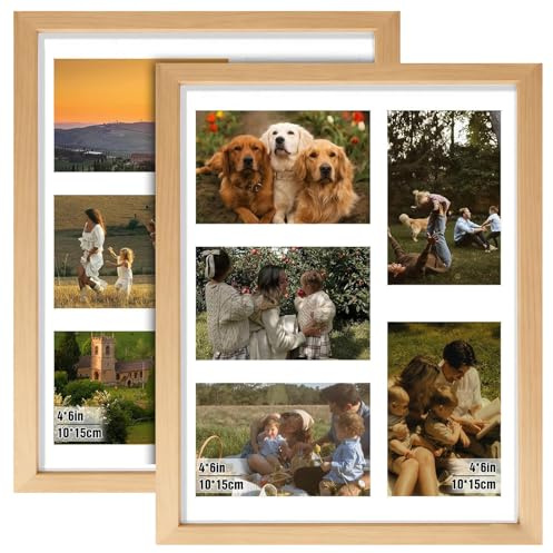twirush 2 Stück Fotocollage Bilderrahmen, 39 x 32,5 cm Bilderrahmen 5 Bilder 10×15 cm (4×6 Zoll), Wandmontage Multi-Fenster Fotorahmen für mehrere Bilder, Wohnzimmer Büro Dekor, Holzfarbe