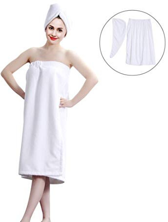 Kilt sauna per donna, Sarong morbido con cintura coordinato per capelli, Cotone biologico, Dimensioni 150x90 cm, Bianco