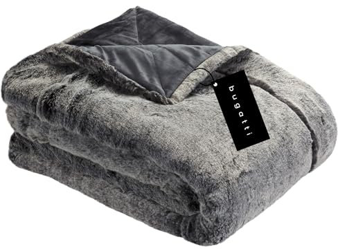 bugatti Kunstfell Decke 150x200 cm – Kuscheldecke aus hochwertigen Fellimitat grau, Tagesdecke mit toller Felloptik, extra weiche und angenehm wärmende Felldecke