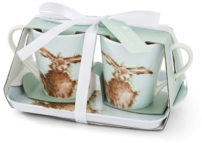 Pimpernel x Wrendale Designs Hare Mug and Tray Gift Set - Porcelain Mugs & Melamine Tray Suitable for Serving Biscuits and Snacks, Hare Illustrations by Artist Hannah Dale, 180ml