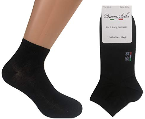 DREAM SOCKS 6 paia calzini corti alla caviglia in cotone filo di scozia elasticizzato,ultra leggero,prodotto MADE IN ITALY,modello unisex, vari assortimenti. (39/42, nero)