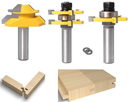 Lock Miter 45 Degree Joint Router Bits + 2Pcs Tongue and Groove Set [1/2-Inch Shank], APLUS 45° Lock Mitre Glue Joint Router Bit + Router Bit Set 3 Teeth T Shape, Wood Milling Cutter Woodworking Tool