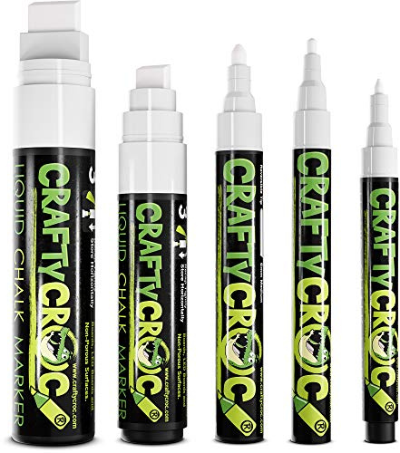 White Liquid Chalk Markers for Blackboard - Also Perfect Glass Window Markers for Cars, Shops or Home or Dry Erase Boards - Five Chalk Marker Pen Set, Fine & Jumbo Size Pens 1mm, 3mm, 6mm, 10mm, 15mm
