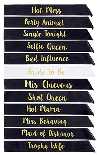 STAY GENT 12 Stück Bride Tribe Schärpen Set 11 Schwarz mit 1 Weiß-Bride Schärpe Junggesellinnenabschied - Team-Braut und Mädchen-Nacht Heraus Favor