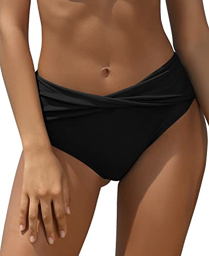 SHEKINI Traje de Baño para Mujer Abdominal Cintura Alta de Bikini Pantalones de natación Ruched Color Sólido Bañadores Retro Ropa de Playa Bikini Bragas (Negro C, Medium)