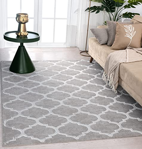 the carpet Knight Eleganter, Hochwertiger, Wohnzimmer Teppich, Softer Kurzflor, 3-D Effekt, Glänzende Design-Elemente, Hoch-Tief Struktur, Grau, 80 x 300 cm