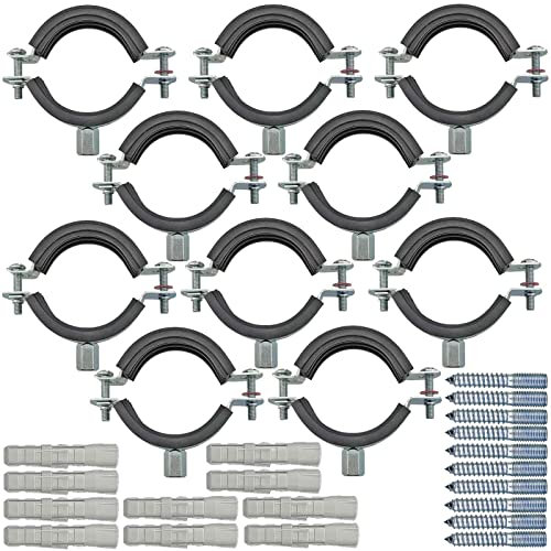 10 Stück Set Rohrschellen aus Stahl verzinkt Spannbereich 60 bis 64 mm Rohr Außendurchmesser 2 Zoll mit Schallschutz Gummi Einlage + Dübel 10 mm + Stockschrauben M8 Halterung Befestigung