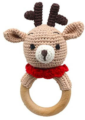 SWECOMZE Holzspielzeug Baby, Baby Rassel Spielzeug, Baby Beißring Holz Gehäkelte Greifling, Handmade Babyrassel Holzspielzeug, Geschenke zur Geburt für mädchen und Junge (Hirsch,#1)