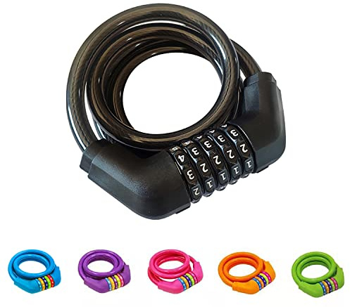 GOLDPOOL Fahrradschloss für Kinder, Zahlen-Code-Kombination-Kabel-Schloss, bunt, 120 cm Stahlseil ummantelt (Schwarz)