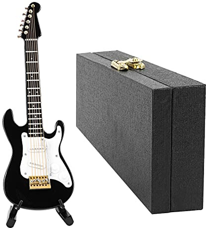 Musiin Mini-Gitarre mit Ständer und Koffer, 14 cm große Mini-E-Gitarre mit 6 Saiten, Heimmusik-Studio, Schreibtisch-Dekoration, Geschenk für Gitarrenliebhaber (Black Electric)