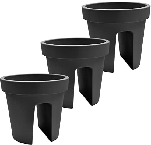 Stephans Möbelbörse 3er Set Balkon-Blumenkasten rund 28cm, Geländertopf, Balkonkasten, Blumentopf, Pflanztopf Railing 13L (Schwarz) (Schwarz)
