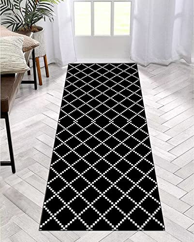 Läufer Teppich Lang Flur rutschfest Waschbar 100X300CM Küche Korridor TeppichLäufer für Flur Schwarz Weiß Schlafzimmer Wohnzimmer Polyester Teppichmatte Dauerhaft, Anpassbar Küchenteppich Meterware