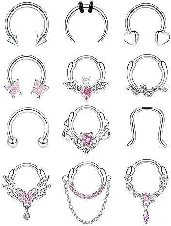 Morfetto 12Pcs Septum Piercing Jewellery Silver 10mm Surgical Steel Nose Rings for Women Clicker Hinged Septum Ring Set Daith Tragus Helix Hoop Earrings Horseshoe Lip Nose Piercing Jewellery 16G Pink