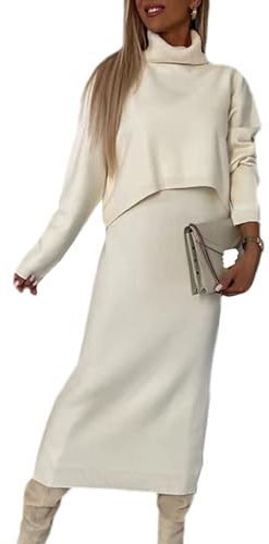 EGSDMNVSQ Costume tricoté pour femme ensemble deux pièces robe pull à col roulé pull à manches longues et jupe maxi tricotée robe midi moulante ensemble 2 pièces robe pull