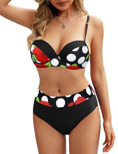 Rayson Costumi da Bagno Due Pezzi per Donna con Stampa Floreale Push Up Costumi Mare Donna con Ferretto Sexy Bikini Brasiliana Set(Pois Bianchi, M)