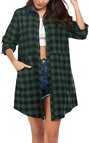 Hotouch Rutig blus för kvinnor, långärmad, ledig, rutig skjorta, V-ringning, knapprad, rutig skjorta, skjorta, blus, lång tunika, toppar, traditionell blus, Grön, XL