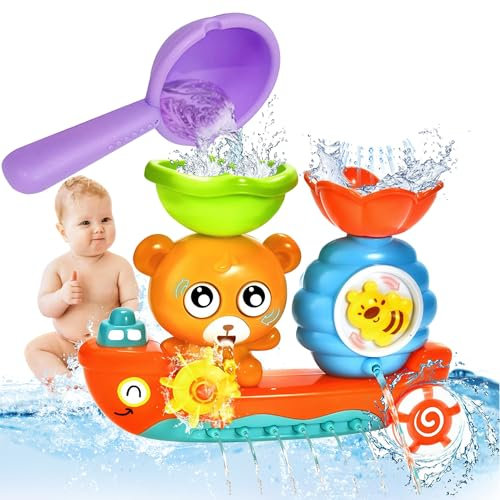 NMM Jouets de Bain pour Bebe, Jouet de Bain Cascade Interactif, Jouet Piscine Bébé, Ours et Abeille Jouet de Bain avec cuillère à Eau, Jeux Montessori Bébé Eveil pour bébé 1 2+Ans