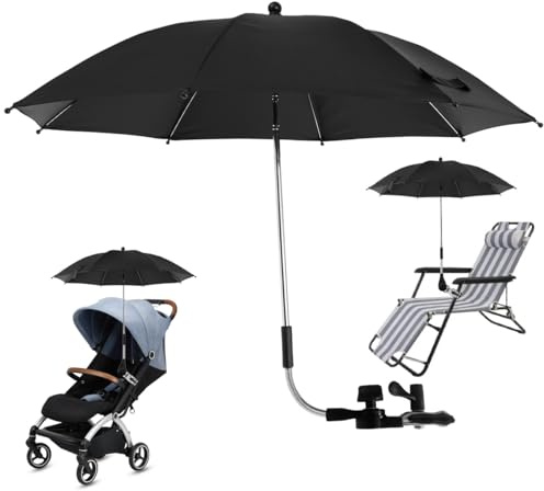 Universal Sonnenschirm für Kinderwagen & Buggy, Kinderwagen Sonnenschirm UV-Schutz 50+, 75/82 cm Durchmesser, Kinderwagen Regenschirm mit Verstellbarer Klemme und Verstellbarem Arm (Schwarz, 82cm)