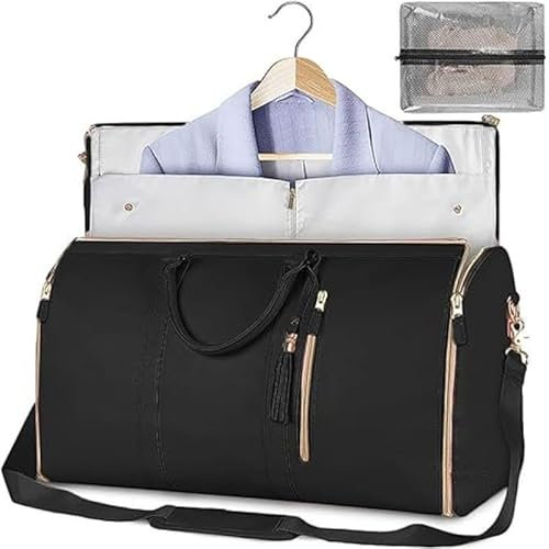 2-in-1 Handgepäcktasche Reisetaschen, faltbare Kleidertasche, große PU-Leder-Duffle-Tasche für Damen, zum Aufhängen, Koffer, Anzug, Kleidung, Duffle-Tasche für Reisen, Schwarz 1