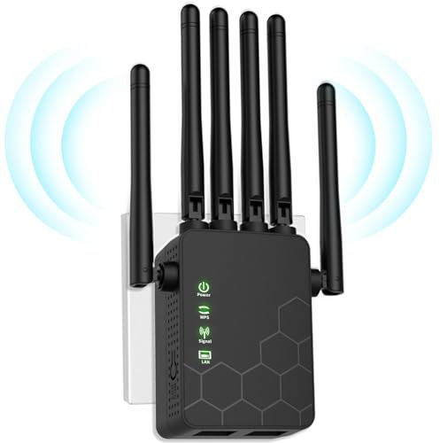 Repetidor WiFi,Amplificador señal WiFi, última tecnología de 6 Antenas para una Cobertura Total, 10000Sq.in área de Cobertura, soporta hasta 45 Dispositivos, Equipado con 2 Puertos Ethernet.