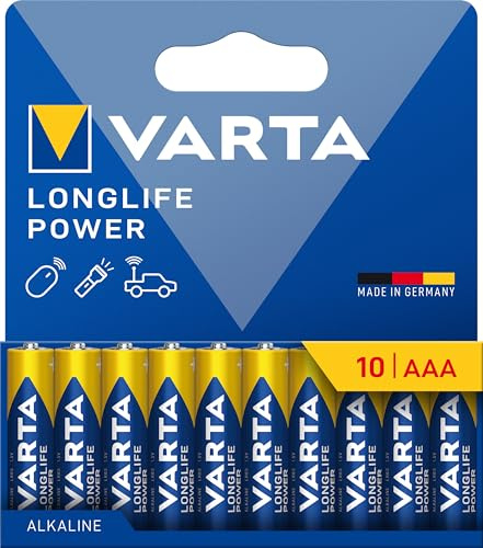 VARTA Pile AAA, Confezione da 10, Longlife Power, alcaline | LR03 1,5 V, Made in Germany, conservazione fino a 10 anni, per console di gioco, spazzolino, mouse, controller o torcia