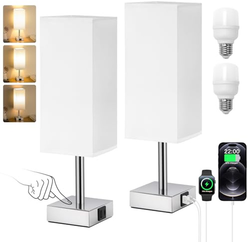 Aooshine Touch Control Bedside Lamps Set of 2, 3-Way Dimmable Table Lamp with USB-C+A Charging Ports, Bed Side Lamps for Bedroom with White Fabric Shade(Bulbs Included)