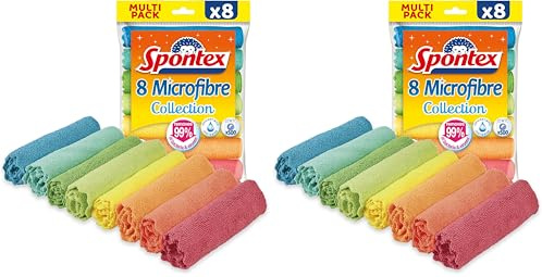 Spontex Mikrofaser Allzwecktücher 8er - Bunte Mikrofasertücher für viele Einsatzgebiete im Vorteilspack (1 x 8 Tücher) (Packung mit 2)